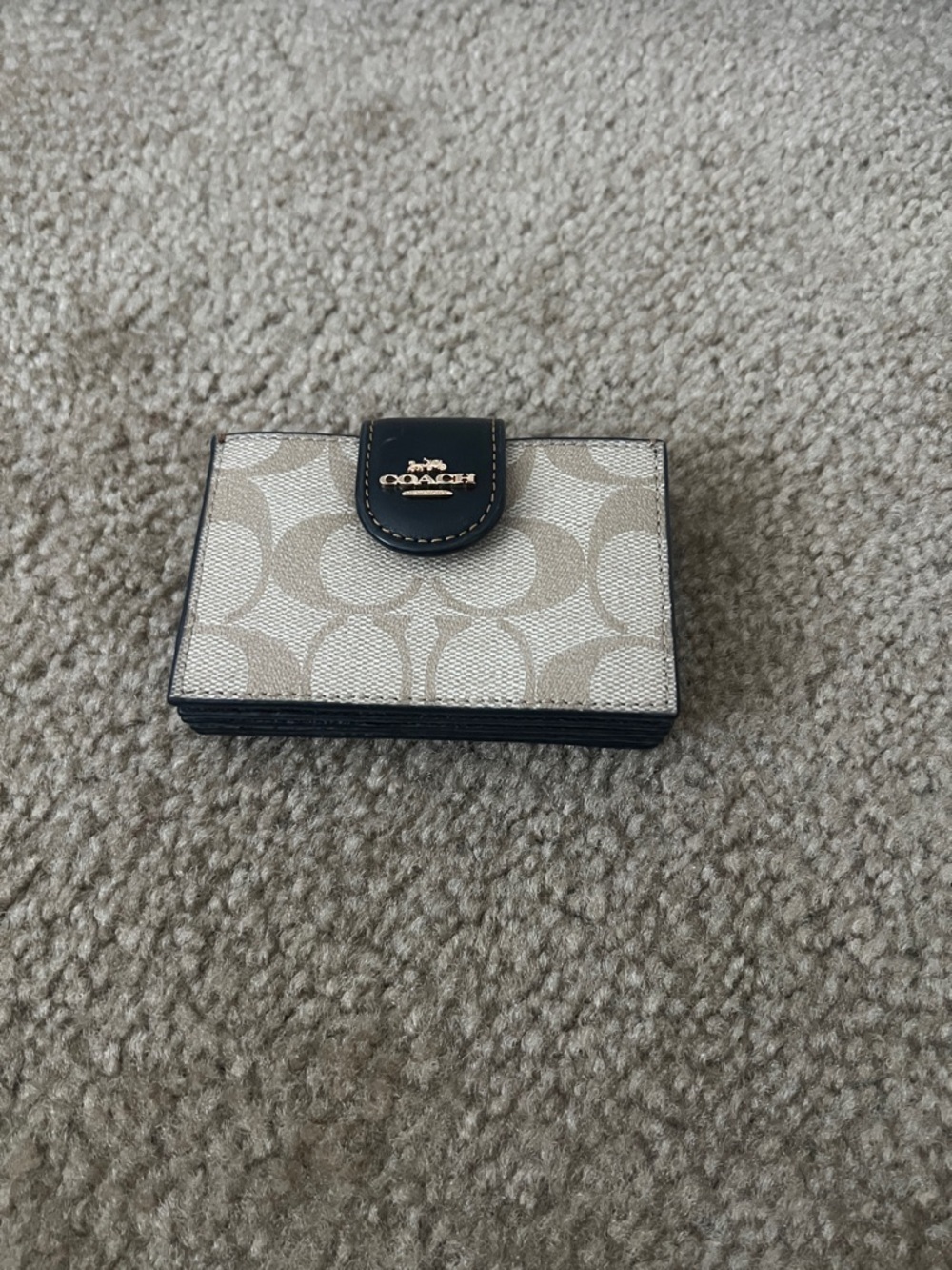Coach Beige Signature Card Case with Black Trim and Gold Logo